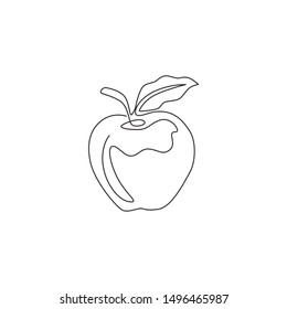 Single one line drawing of whole healthy organic apple for orchard logo identity. Fresh delicious fruitage concept for fruit garden icon. Modern continuous line draw design vector graphic illustration