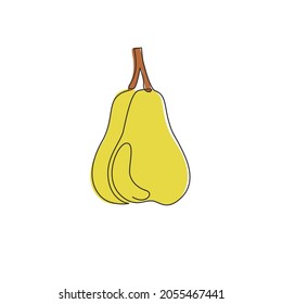 Dibujo de una sola línea de pera orgánica completa para la identidad del logotipo de huerto. Nuevo concepto de herencia tropical para ícono de jardín de frutas. Ilustración de líneas continuas moderna de diseño gráfico vectorial