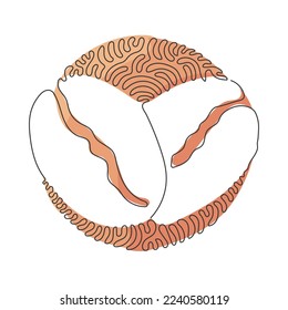 Single one line drawing whole healthy organic coffee bean for cafe logo identity. Fresh aromatic been for coffee shop icon. Swirl curl circle background style. Continuous line draw design vector