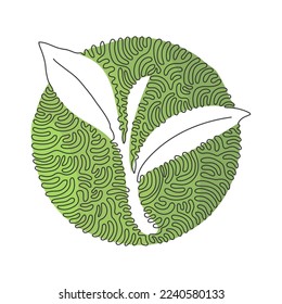 Una sola línea dibujando toda la hoja de té orgánico saludable para la identidad del logo de la bebida a base de hierbas. Naturaleza fresca para el icono de la plantación de té. Estilo de fondo del círculo de redondeo giratorio. Vector de diseño de traza de línea continua