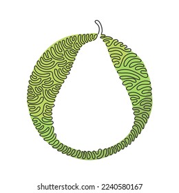 Single one line drawing whole healthy organic pear for orchard logo. Fresh summer fruitage for fruit garden icon. Swirl curl circle background style. Continuous line draw design vector illustration