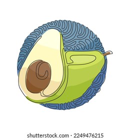 Single one line drawing whole avocado and half with seed. Healthy vegan vegetarian food. Tasty appetizer. Swirl curl circle background style. Continuous line draw design graphic vector illustration