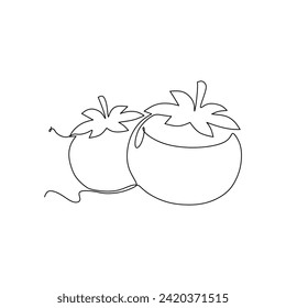Single one line drawing whole healthy organic tomato for farming logo identity. Fresh tropical vegetable concept for vegie garden icon. Modern continuous line draw design graphic vector illustration