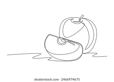 Single one line drawing whole and slice healthy organic apple for orchard logo identity. Fresh delicious fruitage concept for fruit garden icon. Continuous line draw design graphic vector illustration