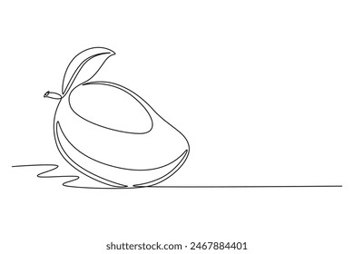 Single one line drawing of whole healthy organic mango for orchard logo identity. Fresh tropical fruitage concept for fruit garden icon. Modern continuous line draw design graphic vector illustration