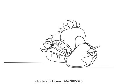 Single one line drawing whole and sliced healthy organic strawberry for orchard logo identity. Fresh berry concept for fruit garden icon. Modern continuous line draw design graphic vector illustration