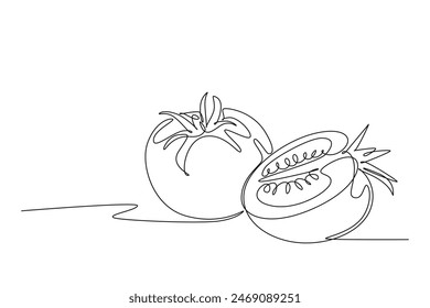 Single one line drawing of whole and sliced healthy organic tomatoes for farming logo identity. Fresh tropical vegetable for veggie garden icon. Continuous line draw design graphic vector illustration