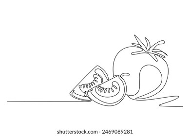 Una sola línea que dibuja los tomates orgánicos sanos enteros y en rodajas para la identidad del logotipo de la agricultura. Concepto vegetal tropical fresco para el icono del jardín vegetal. Ilustración vectorial gráfica de diseño de línea continua