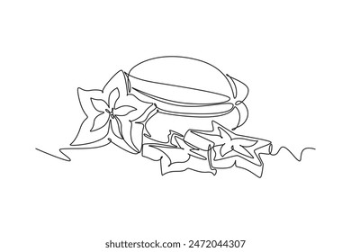 Una sola línea dibujando frutos orgánicos sanos enteros y cortados en rodajas para la identidad del logotipo del huerto. Concepto de fruta fresca estrella para el icono del jardín. Ilustración vectorial gráfica moderna de diseño de dibujo de línea continua