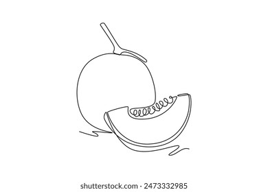 Una sola línea que dibuja melón orgánico sano entero y cortado en rodajas para la identidad del logotipo del huerto. Concepto de fruta fresca para el icono de jardín de frutas. Ilustración vectorial gráfica moderna de diseño de dibujo de línea continua