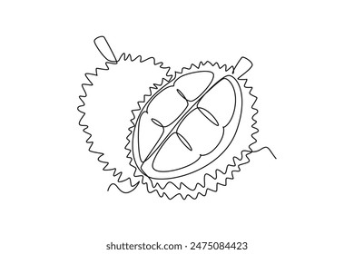 Una sola línea que dibuja el durión orgánico sano entero y segmentado del segmento para la identidad del logotipo del huerto. Concepto de fruta tropical fresca para el icono del jardín. Ilustración vectorial gráfica de diseño de dibujo de línea continua
