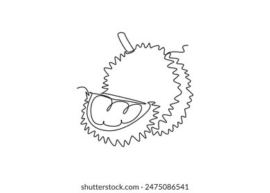 Single one line drawing whole and segment sliced healthy organic durian for orchard logo identity. Fresh tropical fruit concept for garden icon. Continuous line draw design graphic vector illustration