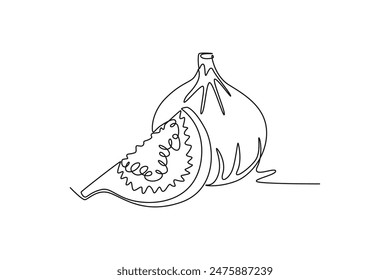 Una sola línea que dibuja higos orgánicos sanos cortados enteros para la identidad del logotipo del huerto. Concepto de fruta fresca de verano para el icono del jardín de frutas. Ilustración vectorial gráfica moderna de diseño de dibujo de línea continua