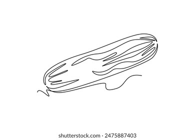 Single one line drawing of one whole healthy organic cucumber for orchard logo identity. Fresh vegetable concept for vegan garden icon. Modern continuous line draw design graphic vector illustration