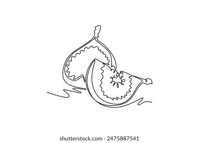 Una sola línea que dibuja higo orgánico sano entero y cortado para la identidad del logotipo del huerto. Concepto de fruta tropical fresca para jardín de frutas. Ilustración vectorial gráfica moderna de diseño de dibujo de línea continua