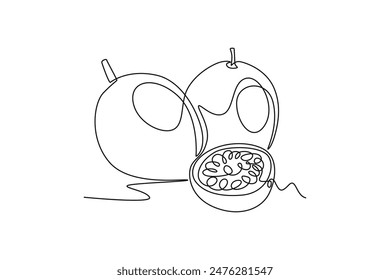 Single one line drawing whole and half sliced healthy organic passion fruit for orchard logo identity. Fresh tropical fruitage for fruit garden. Continuous line draw design graphic vector illustration