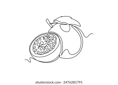Una sola línea que dibuja fruta de la pasión orgánica entera y cortada en rodajas para la identidad del logotipo del huerto. Fruta exótica fresca para el icono del jardín de frutas. Ilustración vectorial gráfica de diseño de dibujo de línea continua