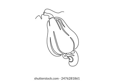Single one line drawing whole healthy organic cashew apple for orchard logo identity. Fresh Brazilian caju concept for fruit garden icon. Modern continuous line draw design graphic vector illustration