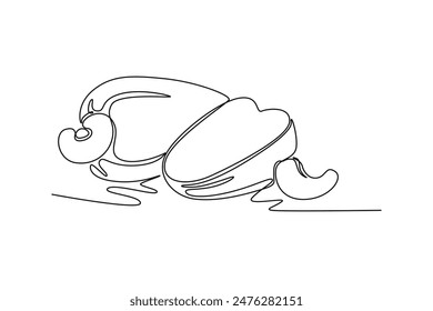 Single one line drawing of whole and half sliced healthy organic cashew apple for orchard logo identity. Fresh Brazil caju fruitage garden icon. Continuous line draw design graphic vector illustration