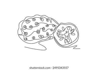 Single one line drawing whole and half sliced healthy organic noni orchard logo identity. Fresh tropical fruitage concept for fruit garden icon. Continuous line draw design graphic vector illustration