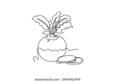 Single one line drawing whole and sliced healthy raw organic white turnip for farm logo identity. Fresh plant concept for root vegetable icon. Continuous line draw design graphic vector illustration