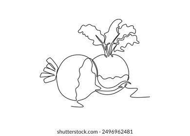 Single one line drawing whole healthy freshness organic white turnip for plantation logo identity. Fresh veggie concept for root vegetable icon. Continuous line draw design graphic vector illustration