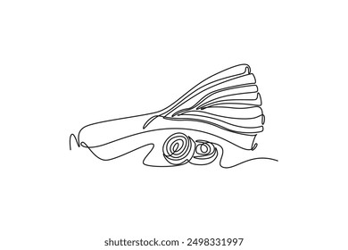Single one line drawing whole healthy freshness organic leek for plantation logo identity. Fresh ingredient concept for vegetable icon. Modern continuous line draw design graphic vector illustration