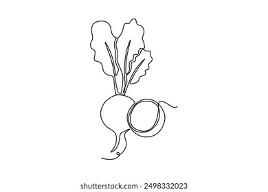 Single one line drawing whole healthy organic raw red radish for farm logo identity. Fresh crop concept for edible root vegetable icon. Modern continuous line draw design graphic vector illustration