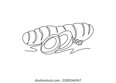 Single one line drawing of whole and sliced healthy organic turmeric for farming logo identity. Fresh curcuma concept for vegetable icon. Modern continuous line draw design graphic vector illustration