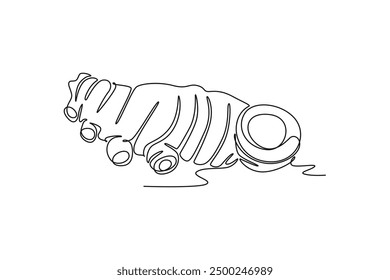 Single one line drawing of whole healthy freshness organic turmeric for farming logo identity. Fresh curcuma concept for vegetable icon. Modern continuous line draw design graphic vector illustration