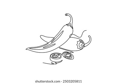 Dibujo de una sola línea de chile caliente orgánico entero y en rodajas para la identidad del logotipo de la agricultura. Concepto de chile fresco para el icono vegetal. Ilustración vectorial gráfica de diseño de dibujo de línea continua