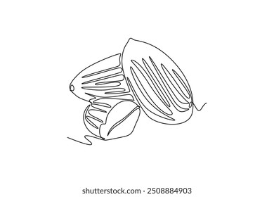 Single one line drawing whole healthy organic raw almonds group for harvesting logo identity. Fresh edible seed concept for fruit icon. Modern continuous line draw design graphic vector illustration
