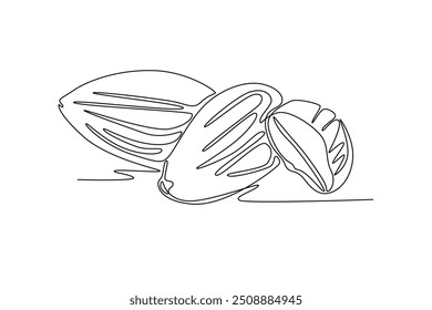 Una sola línea que dibuja el grupo de almendras orgánicas saludables enteras para la identidad del logotipo del ingrediente del refrigerio. Concepto de semilla comestible fresca para el icono de la fruta. Ilustración vectorial gráfica de diseño de dibujo de línea continua moderna