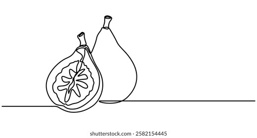Single one line drawing whole healthy organic figs for orchard logo identity. Fresh exotic summer fruitage concept on white background. Modern continuous line draw design graphic vector illustration.
