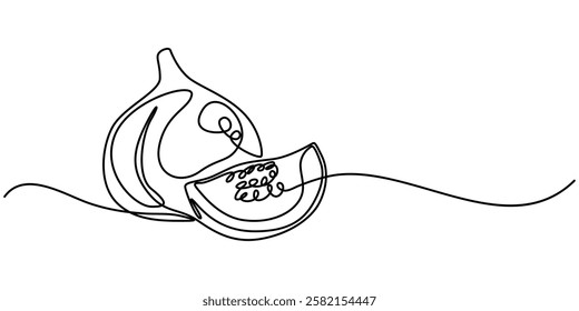 Single one line drawing whole healthy organic figs for orchard logo identity. Fresh exotic summer fruitage concept on white background. Modern continuous line draw design graphic vector illustration.