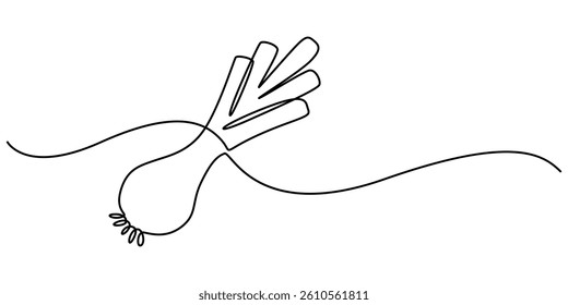 Single one line drawing whole healthy freshness organic leek for plantation logo identity. Fresh ingredient concept for vegetable icon, Leeks, fresh onion stalk vector illustration, background. One.