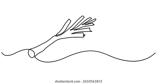 Single one line drawing whole healthy freshness organic leek for plantation logo identity. Fresh ingredient concept for vegetable icon, Leeks, fresh onion stalk vector illustration, background. One.