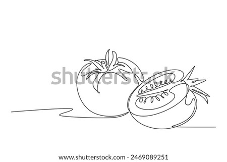 Single one line drawing of whole and sliced healthy organic tomatoes for farming logo identity. Fresh tropical vegetable for veggie garden icon. Continuous line draw design graphic vector illustration