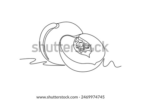 Single one line drawing whole and sliced healthy organic peach for orchard logo identity. Fresh fruitage concept for fruit garden icon. Modern continuous line draw design graphic vector illustration