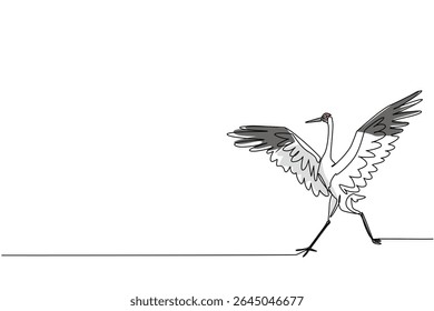 Single one line drawing whooping crane running with wings spread. Attacking posture to defend against predators. Defending the territory Whooping Crane Day. Continuous line design graphic illustration