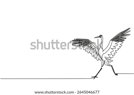 Single one line drawing whooping crane running with wings spread. Attacking posture to defend against predators. Defending the territory Whooping Crane Day. Continuous line design graphic illustration