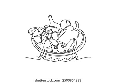 Single one line drawing wicker basket full of fresh vegetables, fruit, milk, bread for groceries logo icon. Daily healthy food concept. Modern continuous line draw design graphic vector illustration