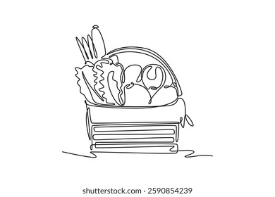 Single one line drawing wicker basket with full of organic vegetables for harvest or groceries logo. Healthy food contain vitamin for body fit. Continuous line draw design graphic vector illustration