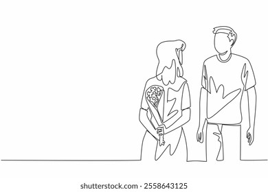 Single one line drawing a wife holding a bouquet of flowers behind her body. A small, simple surprise. Flowers as a sign of love. Husband Appreciation Day. Continuous line design graphic illustration