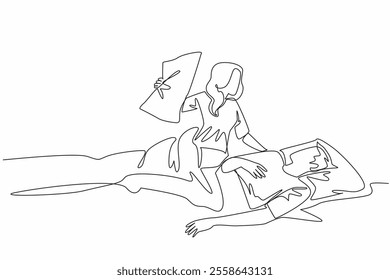 Single one line drawing wife holding pillow to smother husband. Disturbing the comfort of resting. Sleep disturbance from a loved one Stop Snoring Week. Continuous line design graphic illustration