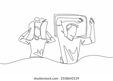 Single one line drawing wife covers both her ears with pillow. Snoring sound that is too loud. Disturbs comfort before going to sleep. Stop Snoring Week. Continuous line design graphic illustration