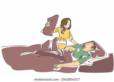 Single one line drawing wife holding pillow to smother husband. Disturbing the comfort of resting. Sleep disturbance from a loved one Stop Snoring Week. Continuous line design graphic illustration