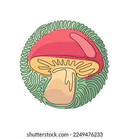 Single one line drawing wild cep porcini mushrooms. Organic vegetarian product. Great for menu, label, recipe. Swirl curl circle background style. Continuous line design graphic vector illustration