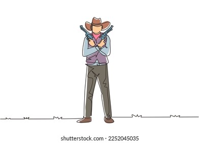 Eine einzige Linie, die Wildwestschleuder mit zwei Gewehren zeichnet. Amerikanische Cowboys, die seine zwei Waffen über seiner Brust halten. Waffen zur Selbstverteidigung. Modern robuster Strich-Strich-Strich-Strich-Vektorgrafik