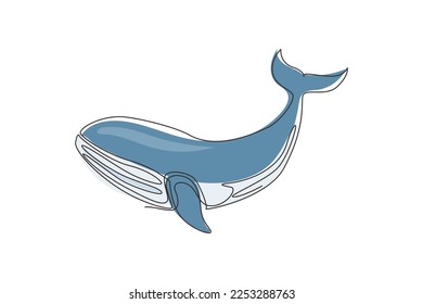 Single one line drawing wild whale fish swimming in sea life. Marine animal mascot for aquatic swimming pool. Blue whale under ocean water. Continuous line draw design graphic vector illustration
